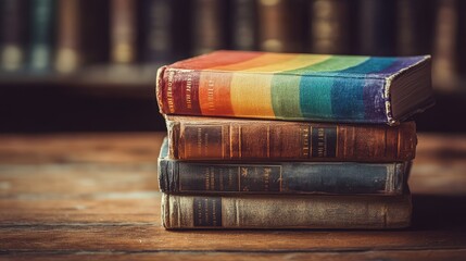 Stacked vintage books with a rainbow cover on a wooden table