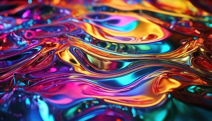 Liquid Rainbow: An abstract image of vibrant, iridescent liquid swirling in captivating patterns, reminiscent of a cosmic nebula or a kaleidoscope of color.