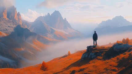 Majestic Mountain Vista: A Solitary Figure Contemplates the Breathtaking Autumn Scenery