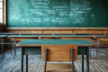 Empty School Desk in a Classroom Setting with Green Board