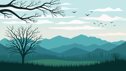 Beautiful Mountains Hills Nature Landscape with Barren Tree in Bright Sky