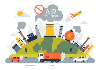 Fototapeta premium Air Pollution Illustration Featuring the Concepts of Climate Change and Global Warming, City Roads Covered in Smog, Factory Smoke, and Industrial