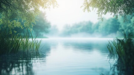 Fototapeta premium Serene Misty Lake Morning: A Tranquil Nature Escape