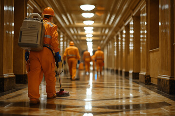 Fototapeta premium Brigade of Cleaners Detailing a Hotel for Top Service