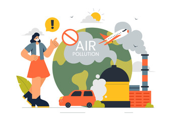 Naklejka premium Air Pollution Illustration Featuring the Concepts of Climate Change and Global Warming, City Roads Covered in Smog, Factory Smoke, and Industrial