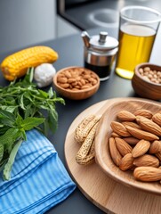 Warm light illuminates healthy ingredients arranged artfully on dark countertop. AI Generated