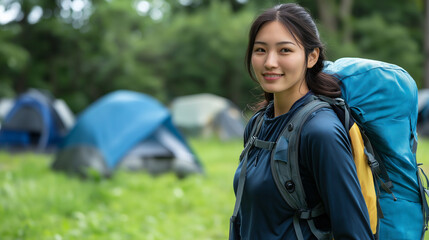 Naklejka premium Young Woman Hiking and Camping in Nature with Backpack in Scenic Wilderness
