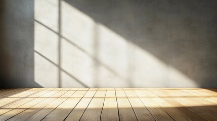 A minimalist interior scene featuring wooden flooring and shadows cast on a concrete wall.