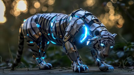 A robotic tiger with glowing features, blending nature and technology in a striking design.