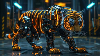 A futuristic robotic tiger with glowing orange stripes in a high-tech environment.
