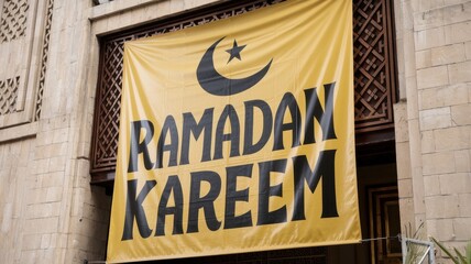 Fototapeta premium Ramadan Kareem banner hangs on mosque building