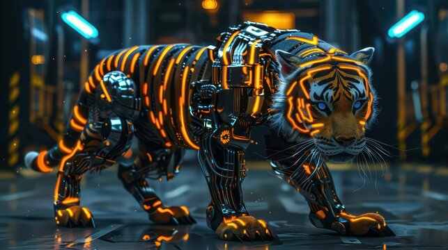 A futuristic robotic tiger with glowing orange stripes in a high-tech environment.