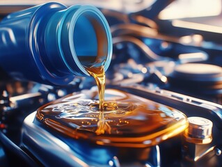 Engine oil pouring from a blue container into a funnel, above a car engine  - ai