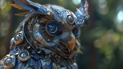 A detailed, metallic owl with intricate designs and vibrant blue eyes in a natural setting.