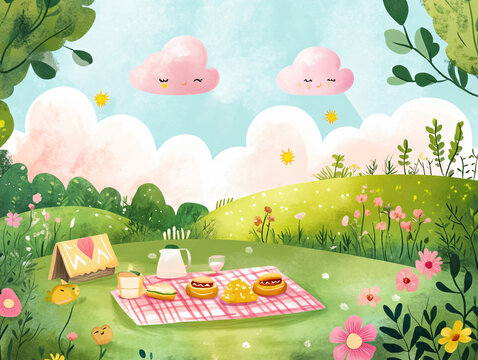 Charming cartoon style picnic scene lush garden vibrant nature sunny skies pink blanket food flower kids illustration outdoor design wallpaper background backdrop art happy cozy drawing clipart vibe