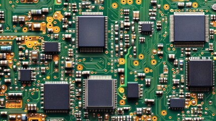 Close-up of a green circuit board with microchips and electronic components.