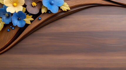 Fototapeta premium Elegant blue yellow sculpted flowers bloom softly on rich brown wood background. AI Generated