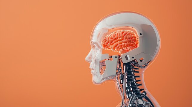Safety Technology Concept. Abstract human head with a glowing brain and mechanical features.