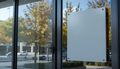 A blank white sign hangs on a glass storefront door, reflecting the street and trees outside.