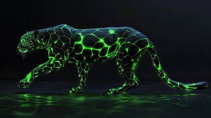 Obraz premium A glowing, hexagonal-patterned panther in a dark environment.