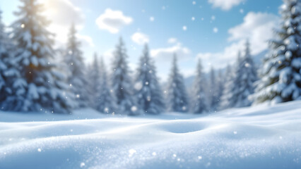 Fototapeta premium Stunning snowy scene with untouched snow in the foreground, blurred evergreen trees, and soft falling snowflakes under a crisp blue sky.