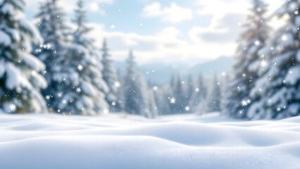 Peaceful winter wonderland featuring close-up snow textures, blurred snowy pine trees, and delicate falling snowflakes under a cold and bright sky.