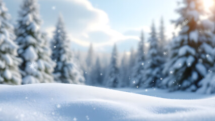 Naklejka premium Peaceful snowy forest scene with untouched snow in the foreground, blurred frosted pines, and gentle snowflakes under a glowing winter sky.