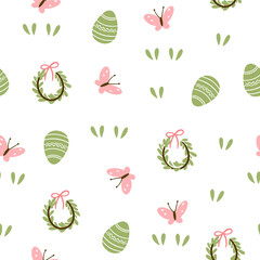 Easter pattern with different characters and other elements. Easter bunny, chicks, eggs and flowers, sheep, basket with eggs. Vector illustration.