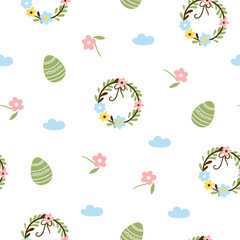 Easter pattern with different characters and other elements. Easter bunny, chicks, eggs and flowers, sheep, basket with eggs. Vector illustration.