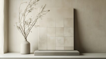 Beige artwork on stand, dried flowers in vase, minimalist interior.  Home decor, website use