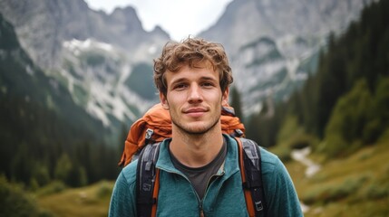 Naklejka premium Adventurous Hiker in Majestic Mountains