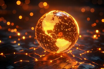 Global Network: Illuminated Earth, Connections Glowing Brightly