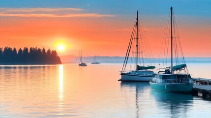 Serene sunset illuminates tranquil harbor sailboats. AI Generated