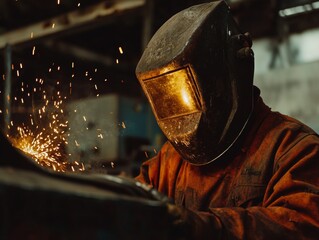 Fototapeta premium Professional welder working on metal welding in protective mask producing hot sparks - ai