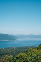 View of Sakurajima volcano island and seascape in Kagoshima, Japan