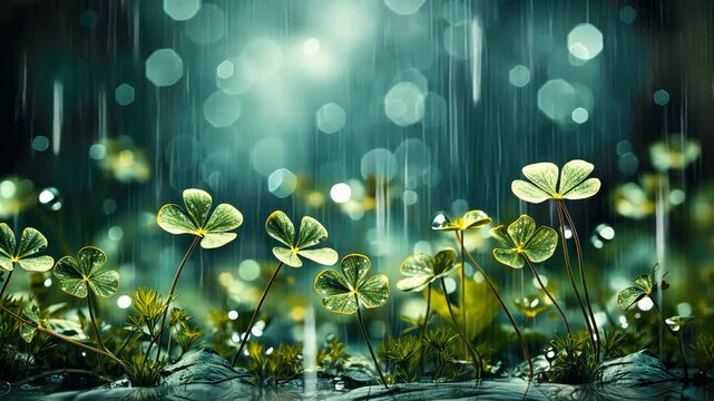 St. Patrick's day background with clover and rain