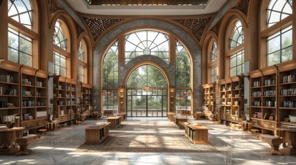 Fototapeta premium Elegant library interior with large windows and wooden shelves filled with books.