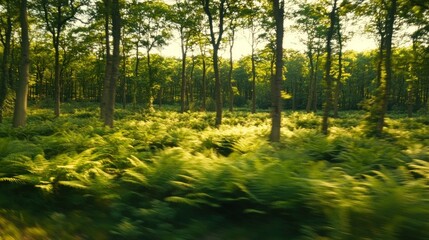 Obraz premium Sunlit forest with ferns, trees, and sunlight.