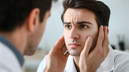 Fototapeta premium Doctor examining young man with acne skin condition