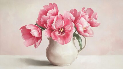 Pink Tulips in a Vintage Pitcher: A Still Life Painting