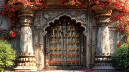Obraz premium A majestic ornate door adorned with flowers, showcasing intricate architectural design.