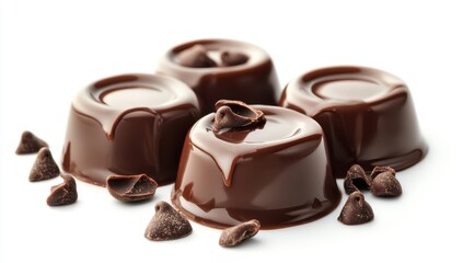 Obraz premium Delicious Dark Chocolate Treats on a White Background Showcasing Smooth Glossy Texture and Irresistible Appeal for Dessert Lovers and Sweet Enthusiasts