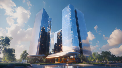 Obraz premium Modern Skyscrapers Reflecting on Water Under a Blue Sky