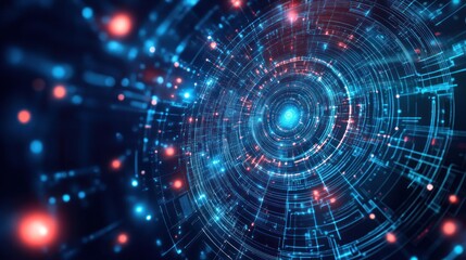 Fototapeta premium Abstract digital technology tunnel with glowing particles and lines.