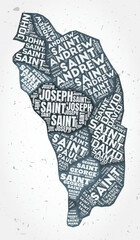 Dominica regions word clouds. Country shape on textured background. Dominica design in typographic style. Creative vector illustration.