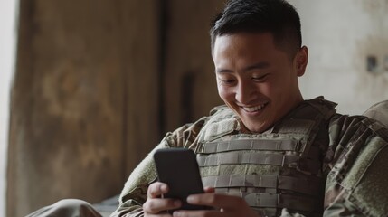 A smiling man in a military uniform is looking at his cell phone