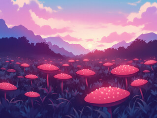 Magical Sunset Field of Glowing Mushrooms