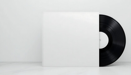 A classic black vinyl record leaning on its blank white cover, set against a minimalist white background.