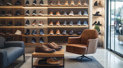 Luxury Shoe Store Interior with Brown Leather Armchair