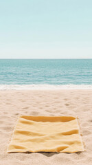 Yellow beach towel on sandy shore with calm ocean view